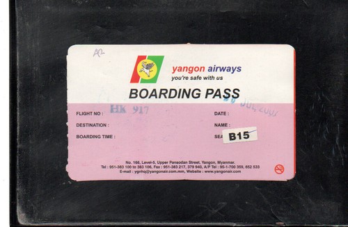 Yangon airways boarding pass - boarding,